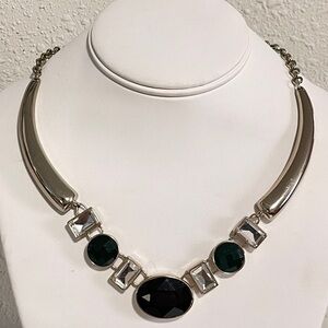 Necklace White House Black Market Statement Black Clear Stones Silver Tone
